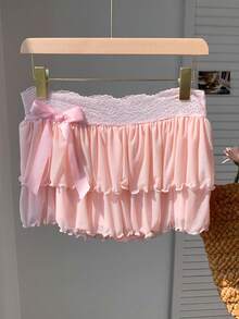 Comfortcana 女士浅粉色撞色蕾丝蝴蝶结装饰荷叶边A字裙，时尚新年装 - 淺粉色 - 查看 4