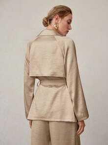 MOTF PREMIUM ELEGANT MINIMALIST SATIN WINDBREAKER BELTED COAT, SPRING/SUMMER - Khaki - View 6