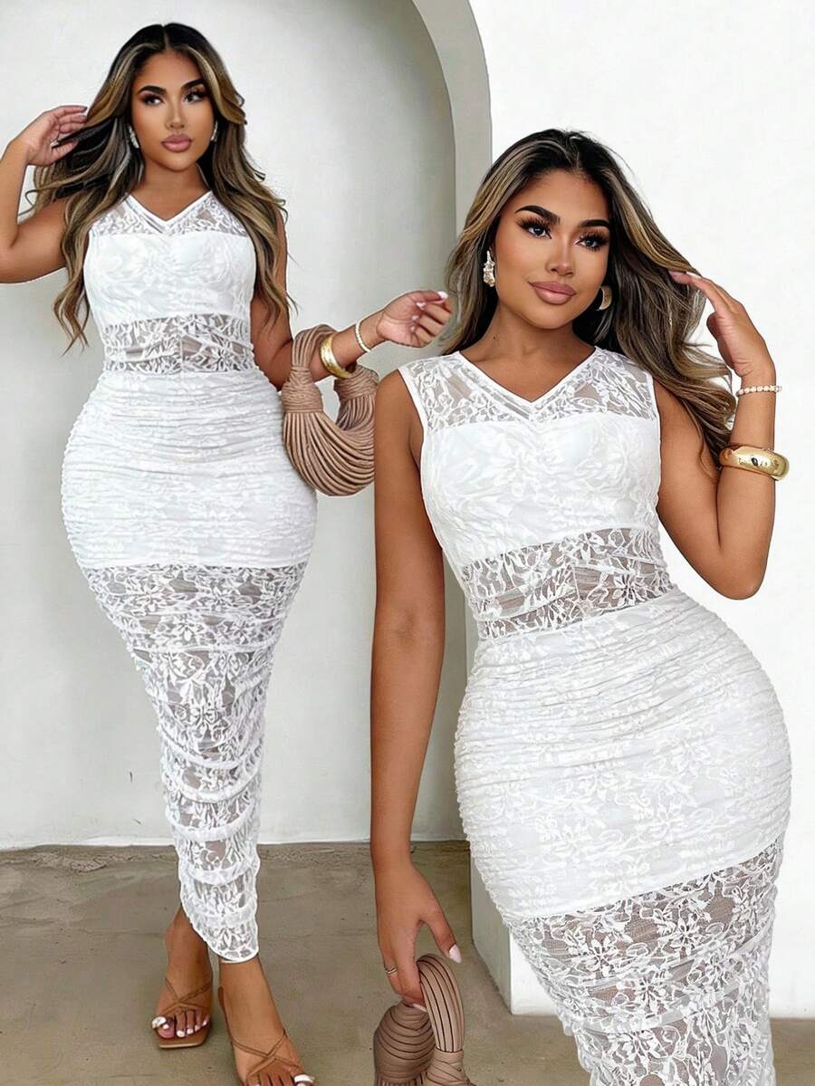 Xyvia 女士春夏新品，情人节约会，优雅黑色，纯粹渴望的名媛风，派对宴会，高端蕾丝面料设计，无袖褶皱腰身修身白色长裙 - 白色 - 查看 1