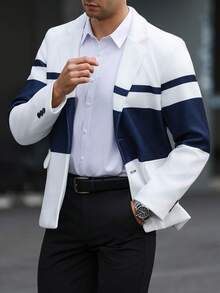 Manfinity Mode 男士撞色单排扣休闲百搭通勤西装外套，搭配海军蓝白条纹衬衫，男士休闲衬衫，蓝白套装，男士商务休闲衬衫，男士撞色衬衫，适合日常休闲、周末旅行、户外活动、探险旅行、轻松的工作环境或半正式场合，可作为男友/丈夫礼物、周年纪念/生日礼物、派对、暑假、婚礼、春夏等场合穿着。 - 白色 - 查看 7