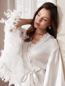 Elegant White Feather Robe, French Graceful Lace Robe, Mature Charming Ladies Sleepwear - White - View 5
