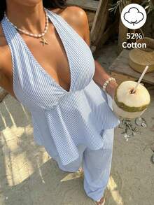 Sunnyshic Blue Striped Cotton Fabric Deep V-Neck Halter Backless Ruffle Hem Camisole And High Waist Straight Leg Wide Leg Pants 2 Piece Set, Women Spring Summer Vacation Beach Commute Elegant Cute Romantic Minimalist Casual Outing Date Versatile - Blue and White - View 3