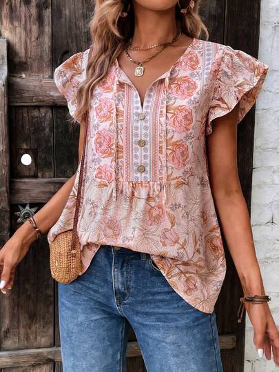 EMERY ROSE Camicia casual estiva da donna in stile boho con scollo a V, maniche a sbuffo e decorazione con bottoni