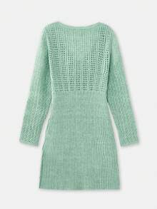 lacRébo Vestido corto de manga larga con cuello en V de punto de crochet y punto de canalé en color verde salvia para primavera y verano - Verde - Ver 7