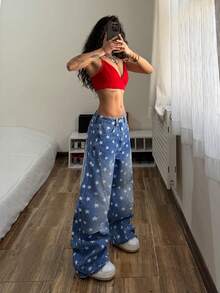 StreetHx Star Print Ombre Slant Pocket Loose Fit Denim Jeans - Blue - View 5