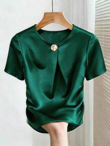 Airaco Blusa de satén con botones de metal elegante y de moda, camisa de manga corta casual de verano para vacaciones y viajes para mujeres - Verde - Ver 4