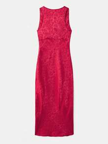 lacRébo Red Satin Jacquard Fitted Midi Dress With Plunge V Neckline Sleeveless,Elegant Silhouette French Style,Red Checkered,Summer,Elegant,Party - Red - View 8