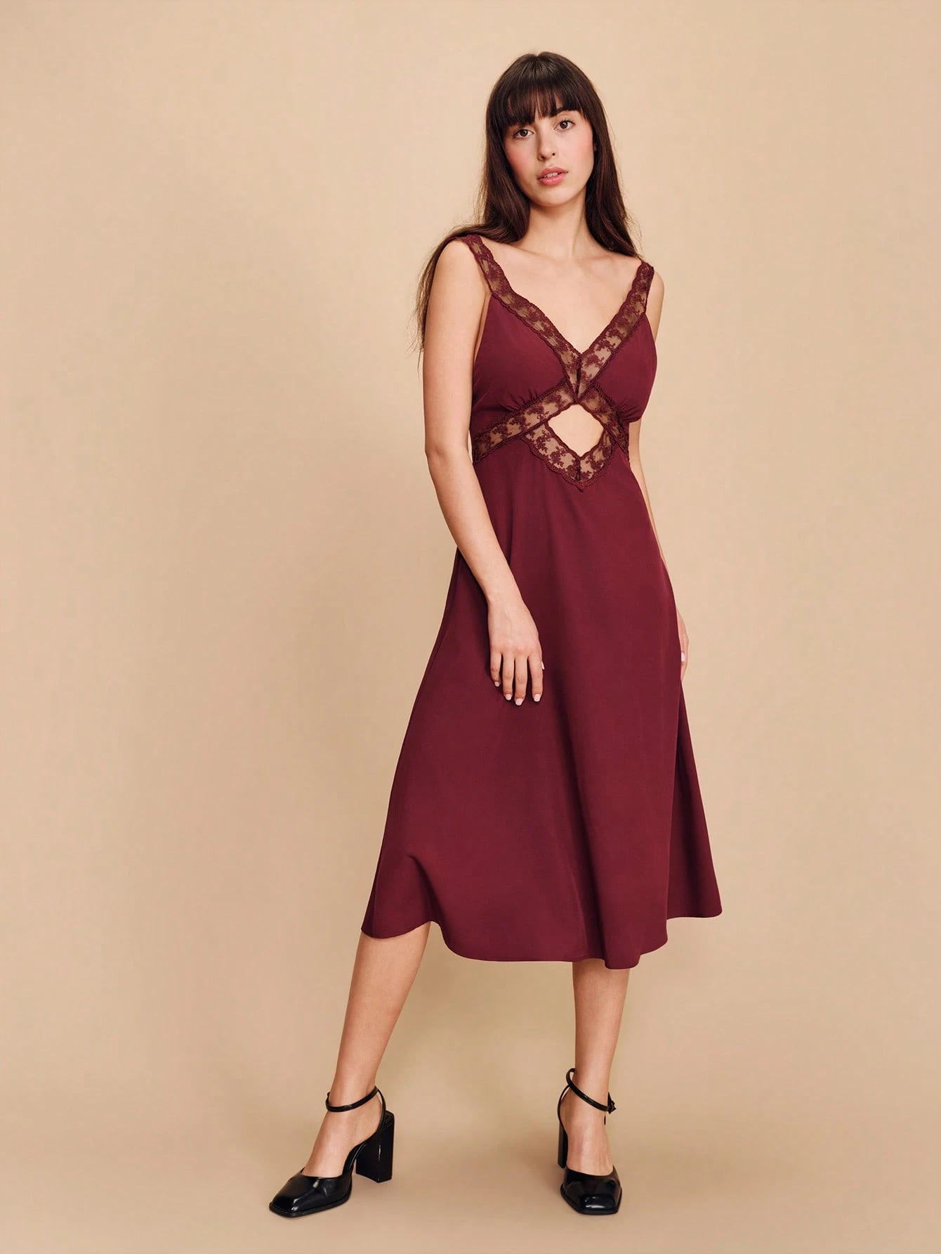 Burgundy Fitted Midi Dress With Lace Trim V Neckline Front Cut Out Detail Sleeveless Design And Elegant Silhouette Romantic Evening Dress French Style Parisian Style Vacation Outfit
