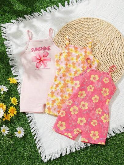 SHEIN Vintaside Kids 3件套女童碎花连体衣，2026新款无袖短裤连体裤，可爱假日居家服，适合夏季穿着
