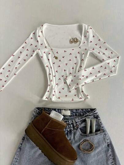 Glimmora Minimalist Fashion Sweet And Cute Red Cherry Print Plus-Size Ultra-Loose Square Neck Slim-Fit Long-Sleeve T-Shirt Suitable For Spring, Summer, Fall, And Winter Fashion T-Shirt Stylish T-Shirt Gift For Siblings Gift For Sisters Gift For Mom Mother's Day Gift Casual Minimalist Fashion Top