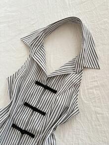 Elamini Women's Black Retro Striped Sleeveless Shirt With Chinese Style Buttons And Ruffle Hem, Casual And Commuting Wear For Summer - Black and White - View 6