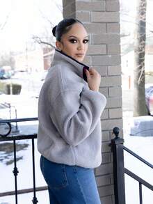 Melissa Matos Women's Casual Collared Half-Zip Sweatshirt, Autumn - Grey - View 4