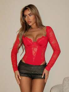 SHEIN ICON Y2K蕾丝拼接紧身长袖露背高腰连体衣（女款） - 紅色 - 查看 4