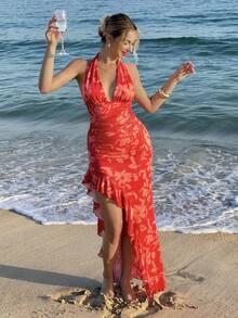 MainGRL 女士印花露背系带荷叶边上衣和开衩荷叶边半裙两件套，适合度假、海滩、约会 - 彩色 - 查看 6