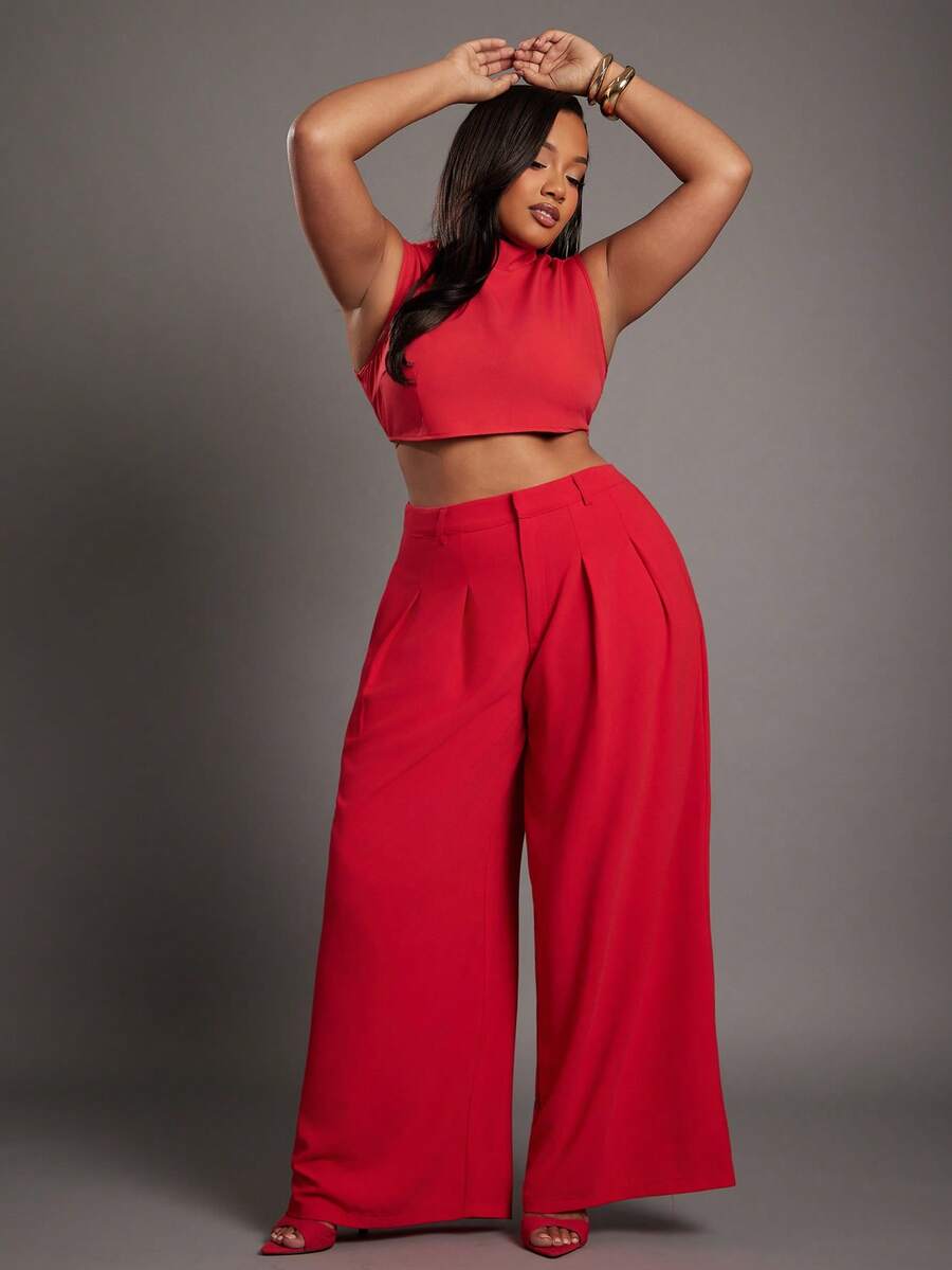 NYA SZN Plus Size High Rise Spring Business Pleated Trousers Bottoms Summer Festivals Brunch Office Siren Holiday Festive Winter Festival Special Occasion Elegant Luxury Carnival - Red - View 1
