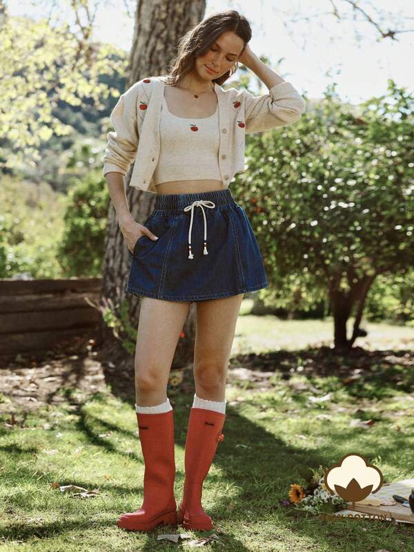 WESTFADE Smocked Drawcord Waist A Line 100% Cotton Denim Mini Skort Spring, Summer, Resort Wear, Casual, Coastal Cowgirl, Boho, Farmers Market, Vacation, Beach, Festival, Western Wear