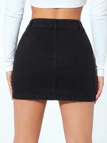 Falda mezclilla corta bordada con moños todas y cremallera - Negro - Ver 3