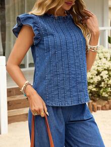Breezaya 女士夏季休闲度假荷叶边袖口褶皱宽松牛仔衬衫 - 藍色 - 查看 6