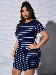 SHEIN EZwear Navy Blue Plus Size Women's Striped Round Neck Short Sleeve Casual Dress, Summer Dresses - Navy Blue - View 5