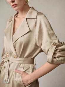 MOTF PREMIUM ELEGANT MINIMALIST SATIN WINDBREAKER BELTED COAT, SPRING/SUMMER - Khaki - View 2