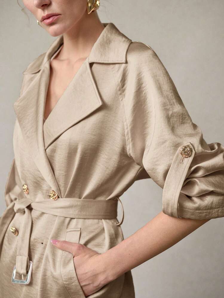 ELEGANT MINIMALIST SATIN WINDBREAKER BELTED COAT, SPRING/SUMMER