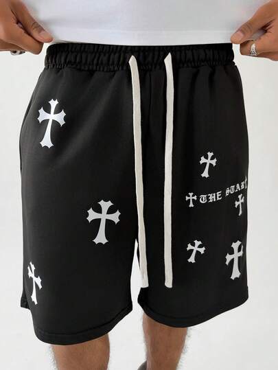 PAVTROS Men's Cross Print Drawstring Waist Pocket Casual Shorts,Irregularly Sized Cross-Shaped Gothic Font Street Sports Shorts For Men,Spring To Summer,Summer,Vacation,Vintage,Going Out,Party,Festival,Gift For My Boyfriend,Streetwear,Workout