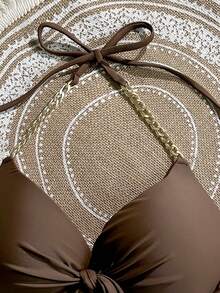 Swim SXY Áo bikini nữ màu trơn kiểu yếm buộc dây trang trí, có gọng nâng ngực, bikini gợi cảm. - màu nâu - Xem 5