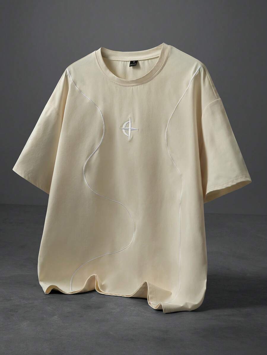 PAVTROS Men's Embroidery Design Crew Neck Short Sleeve Casual T-Shirt - Apricot - View 1