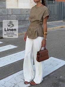 Solivie 女士舒适亚麻衬衫，优雅休闲百搭修身款上衣，适合春夏穿着，夏季穿搭，复活节海滩度假装扮，女士工作装，棕色上衣，意式女装，女士亚麻衬衫，女士休闲装，女士夏季穿搭，时尚穿搭，亚麻穿搭，度假装扮，女士亚麻服装，女士春季穿搭，阔腿裤，女士高腰流行穿搭，女士亚麻穿搭，商务休闲女士穿搭 - 卡其色 - 查看 1