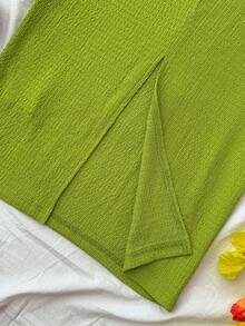 SHEIN 少女薄荷绿提花针织扭结吊带修身连衣裙 - 綠色 - 查看 4