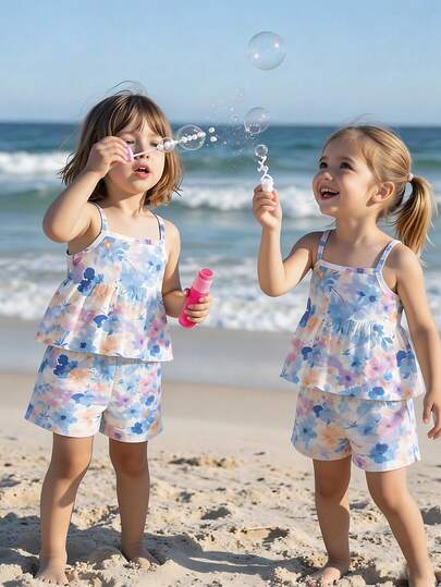Set de 2 piezas para niñas pequeñas (6 meses - 2-3 años) con parte superior de tirantes y shorts con estampado floral acuarela, estilo natural/dulce, tela ligera, adecuado para vacaciones en la playa, uso diario, fiestas de cumpleaños, primavera/verano/otoño