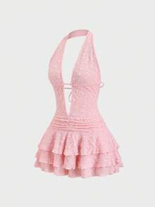 Sweetra Y2K Sexy Backless Lace Romper Jumpsuit Dress - Pink - View 3