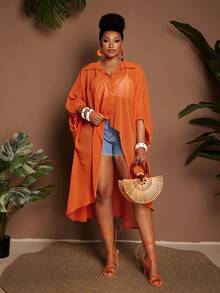 Maweii Plus Size Women's Solid Color Single-Breasted Casual Versatile Daily Wear Shirt - Orange - View 5