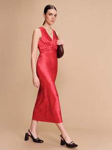 lacRébo Red Satin Jacquard Fitted Midi Dress With Plunge V Neckline Sleeveless,Elegant Silhouette French Style,Red Checkered,Summer,Elegant,Party - Red - View 6