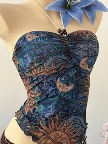 SuriyaCove 女士露背无袖印花上衣 - 藍色 - 查看 3