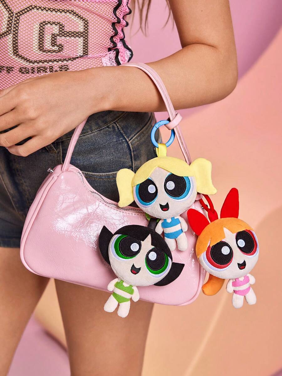 THE POWERPUFF GIRLS X SHEIN 1个可爱泳装女警毛绒钥匙扣，时尚饰品，可爱设计，非常适合挂在包包或钥匙上。 - 彩色 - 查看 1