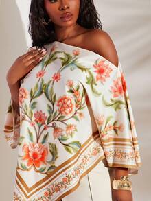 Radiana 大码女式印花不对称下摆休闲百搭日常上衣波西米亚风衬衫大码度假装地中海风情服装大码波西米亚风露肩上衣围巾上衣度假套装女式度假装衬衫女式休闲现代波西米亚风上衣女式露肩罩衫波西米亚时尚女装 - 彩色 - 查看 4