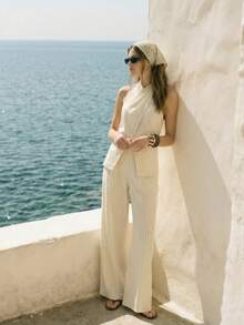 Lumivelle Women's Fashionable Striped Criss-Cross Halter Neck Sleeveless Top + High Waist Wide Leg Striped Pants 2 Pieces Set, Spring/Summer - White - View 5