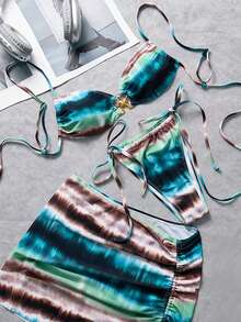 SHEIN Swim Tie Dye Fabric Metal Decor Drawstring Design Elegant Women Swimwear Set, Suitable For Vacation - Multicolor - View 5