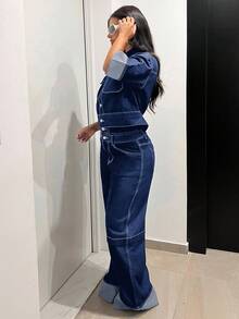 SHEIN Tall 女士休闲时尚街头风日常通勤翻盖口袋牛仔夹克，夏季 - 深色水洗藍 - 查看 4