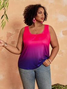 BrightlyHer Tank Top Kasual Leher Persegi Motif Ombre untuk Wanita Ukuran Plus - MultiWarna - View 4