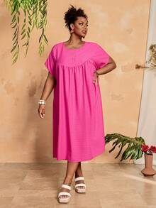 EMERY ROSE 大码女式休闲纯色圆领短袖纽扣设计连衣裙 - 粉色 - 查看 3