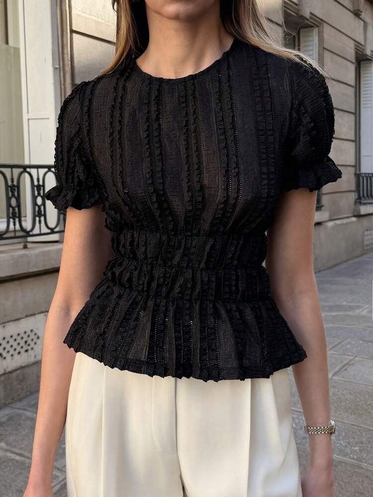 Pariaura Soft, Stretchy & Lightweight Lace Short Sleeve T-Shirt, Women's Summer T-Shirt, Women's Summer Holiday Outfit T-Shirt - Black - View 5