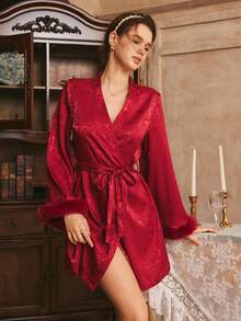 Mature And Elegant Jacquard Rose Pattern Ladies Robe, Southern France Style - Burgundy - View 3