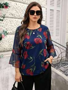 EMERY ROSE 大码女士优雅印花衬衫，适合通勤穿着。 - 藏蓝色 - 查看 1