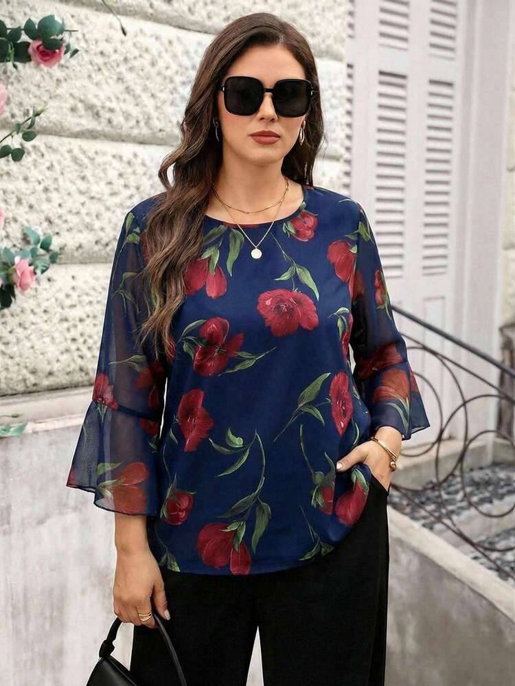 Plus Size Women Elegant Floral Print Blouse For Commuting  Summer Outfits Summer Clothes Spring Dress Spring Outfit Women Spring Clothing Beach Vacation Outfits For Women Elegant Floral Blouse
