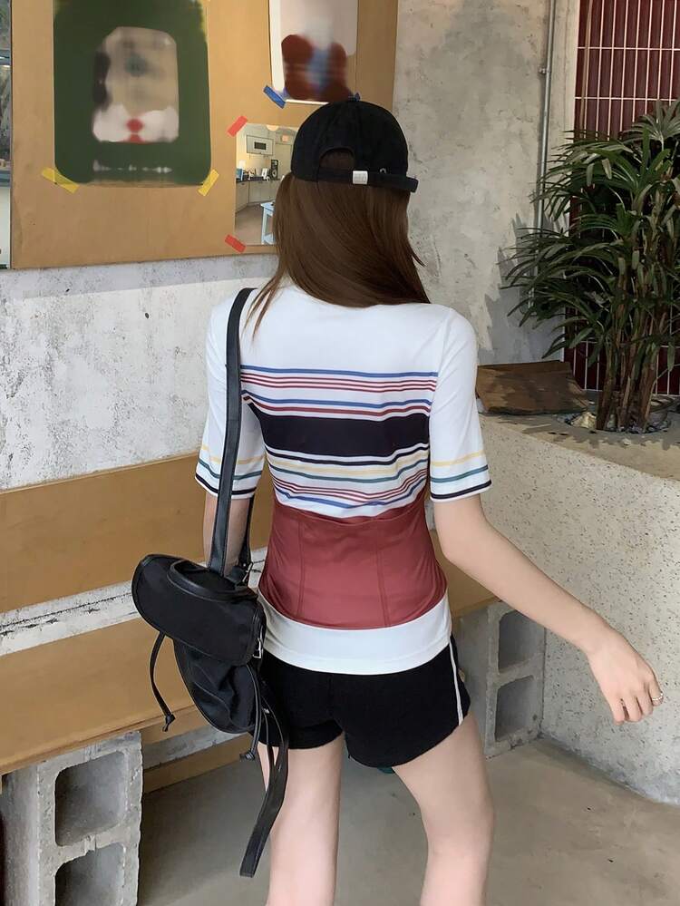 Teen Girl Collared Short Sleeve Casual Striped Versatile Daily T-Shirt Summer