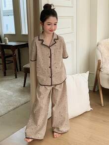 Dazy Kids Quần áo mặc nhà thoải mái cho bé gái tuổi teen mùa thu hè - Màu Khaki - Xem 1