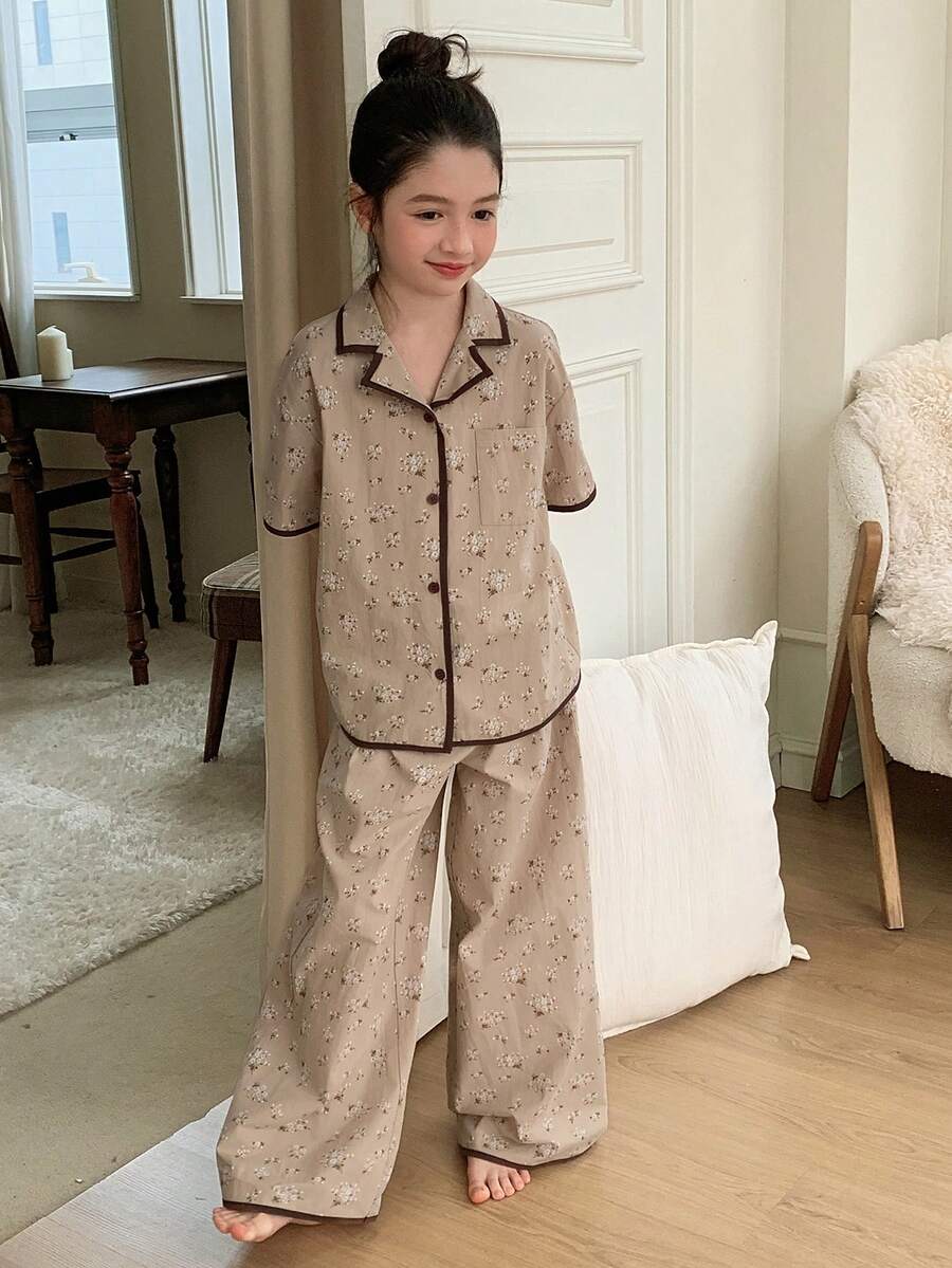 Dazy Kids Quần áo mặc nhà thoải mái cho bé gái tuổi teen mùa thu hè - Màu Khaki - Xem 1