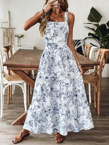 SHEIN 女士蓝白碎花露背蝴蝶结腰A字连衣裙，魅力优雅休闲度假通勤性感时尚约会法式街头复古百搭春夏蓝白新款长裙 - 彩色 - 查看 7